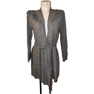 J. Jill Gray Fringe Trim Belted Cardigan Sweater Womens Size XS LS Open Front